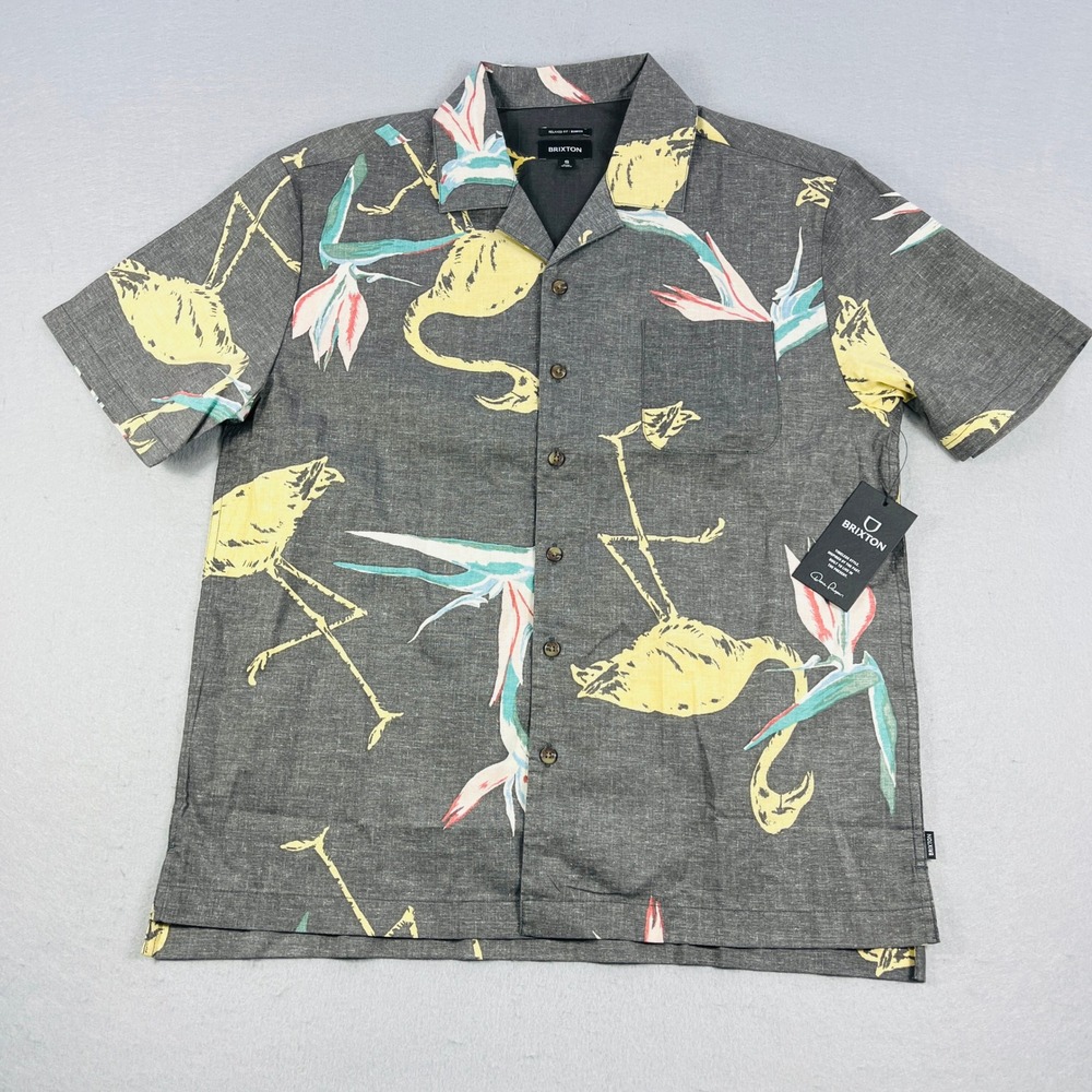 Brixton Bunker Print Mens Small Black Flamingo Bird of Paradise SS Button Shirt - Picture 2 of 5